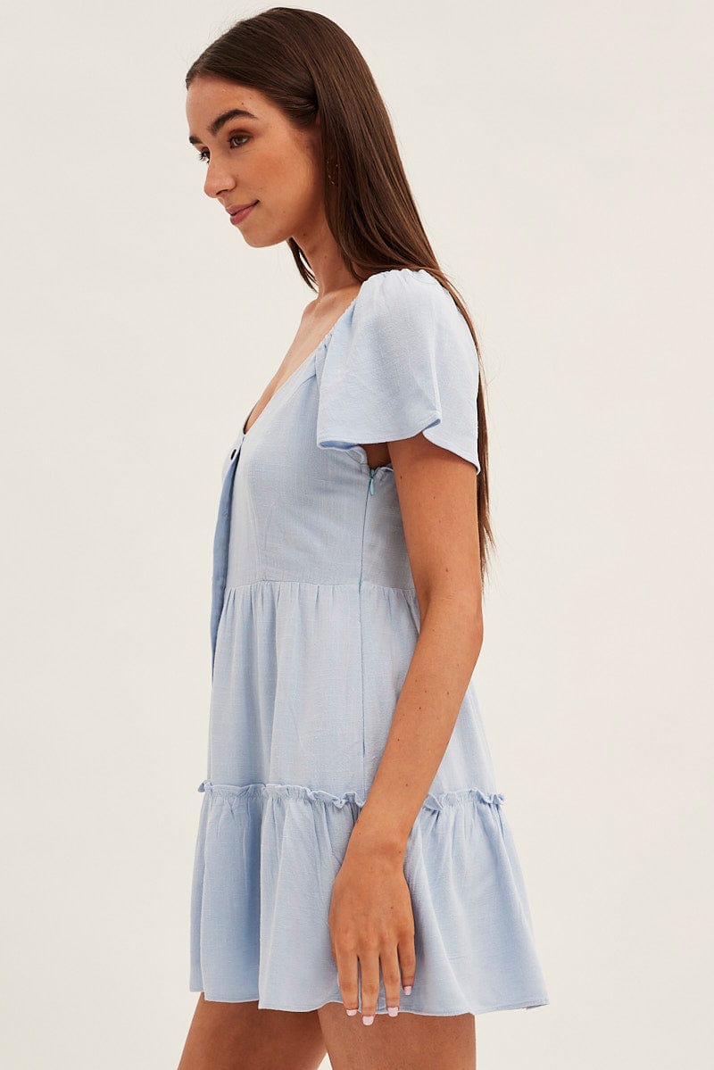 Blue Dress Square Neck Short Sleeve Tiered Button Front for Ally Fashion