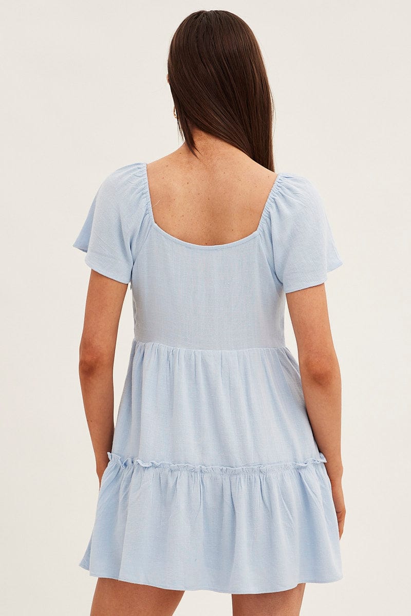 Blue Dress Square Neck Short Sleeve Tiered Button Front for Ally Fashion