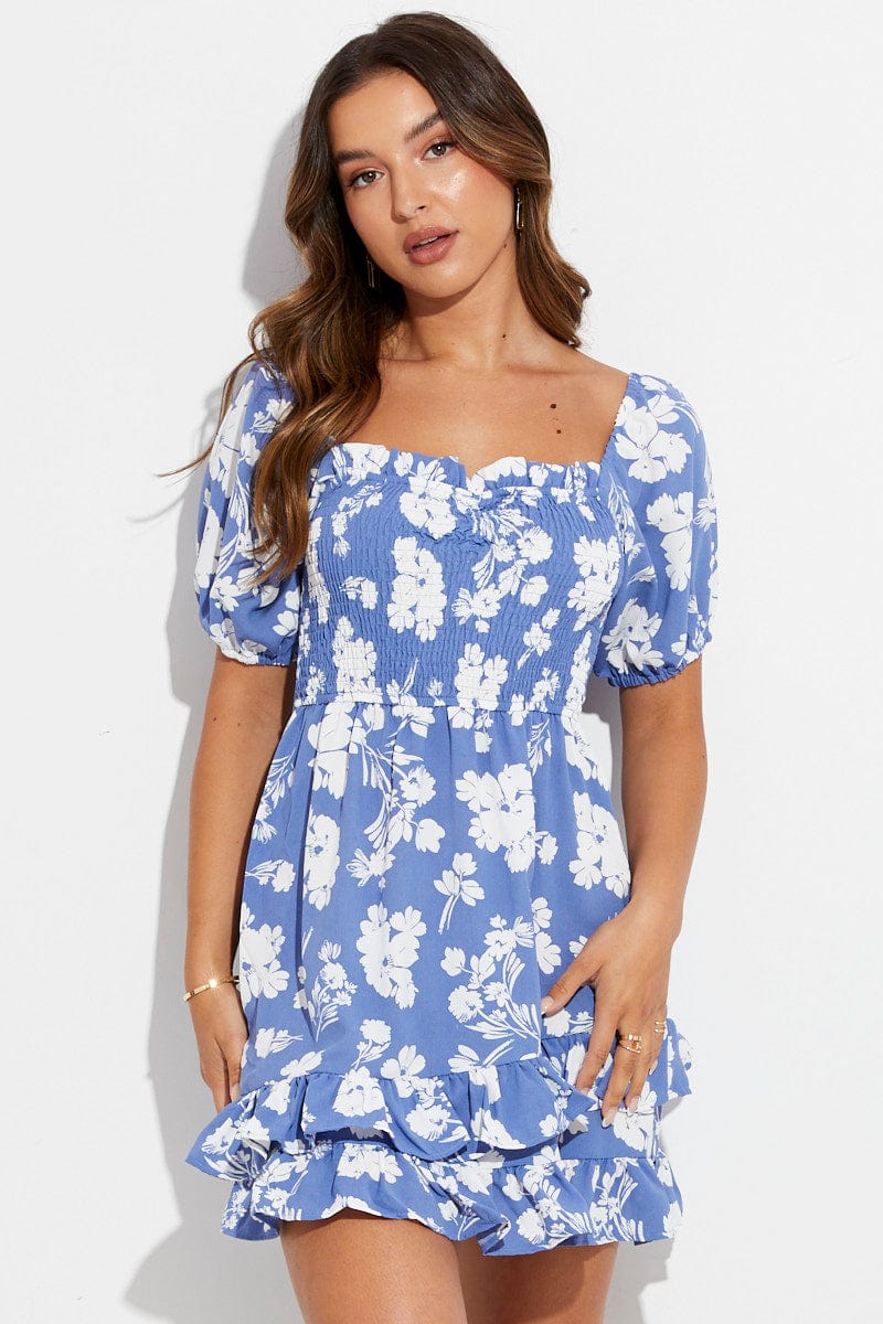 Brilliantly Blooming Blue Floral Print Puff Sleeve Skater Dress