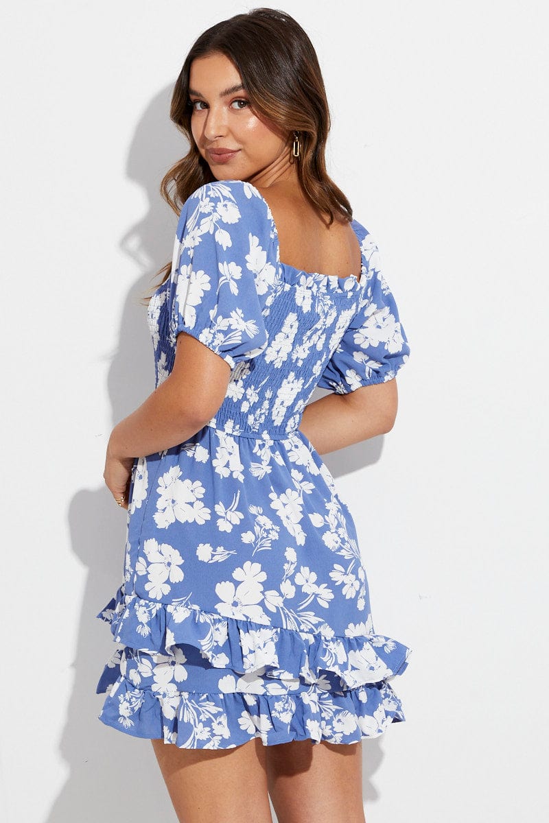 Brilliantly Blooming Blue Floral Print Puff Sleeve Skater Dress