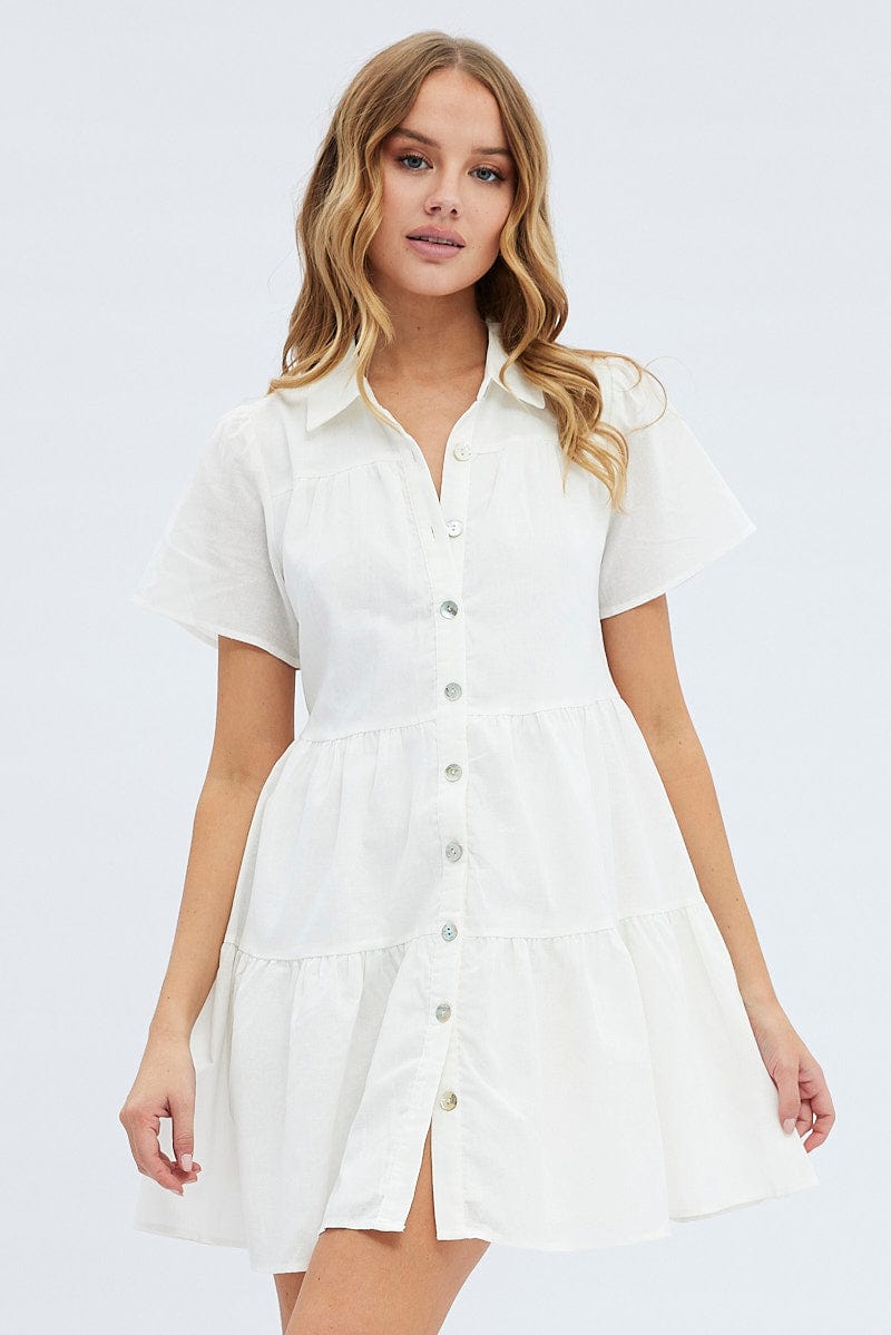 White Shirt Dress Short Sleeve Tiered