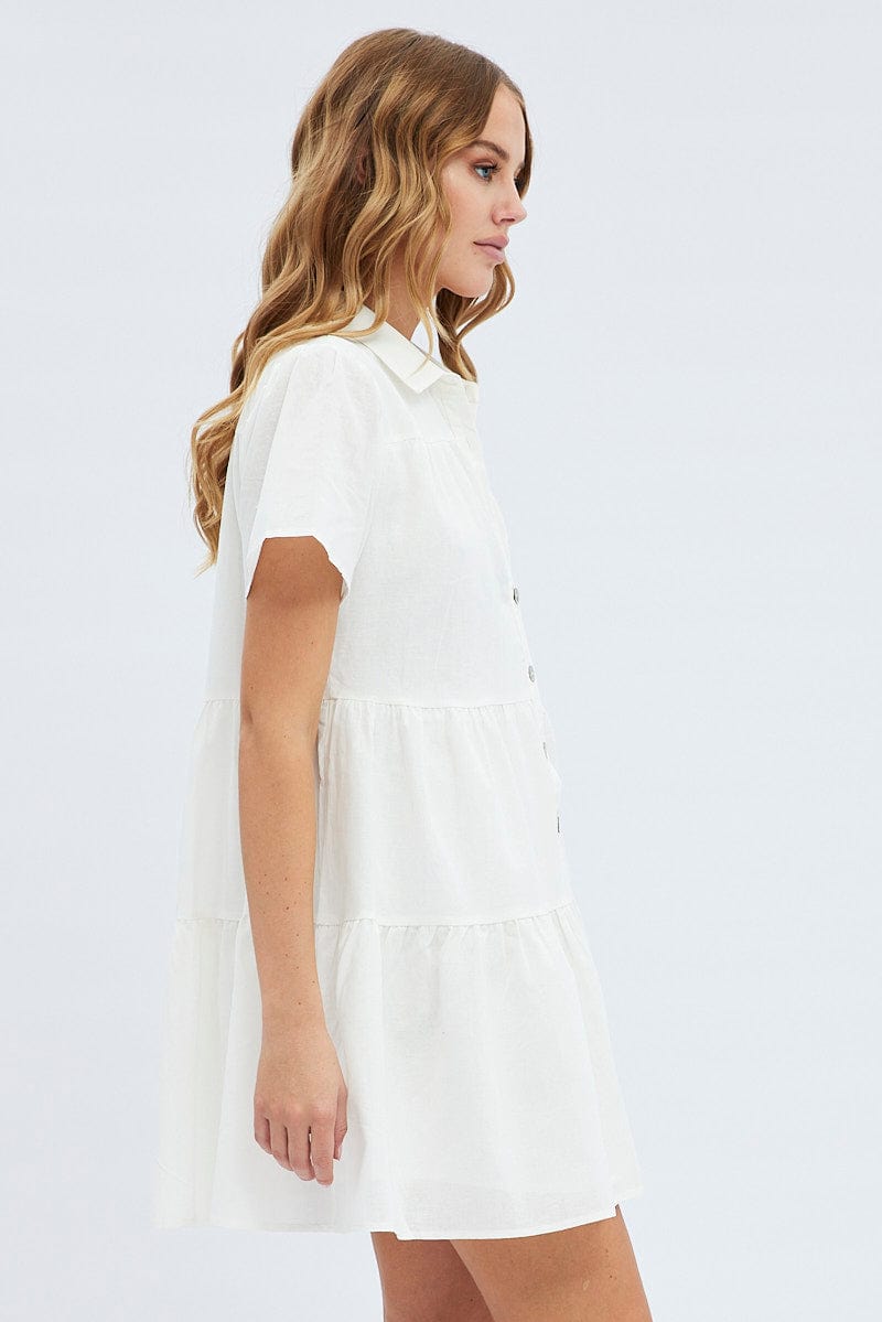 White Shirt Dress Short Sleeve Tiered for Ally Fashion