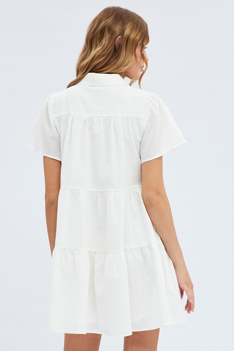 White Shirt Dress Short Sleeve Tiered for Ally Fashion