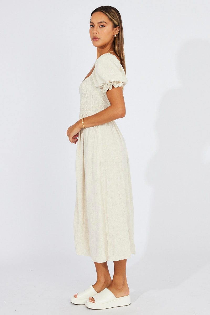 Beige Midi Dress Puff Sleeve Linen Blend for Ally Fashion