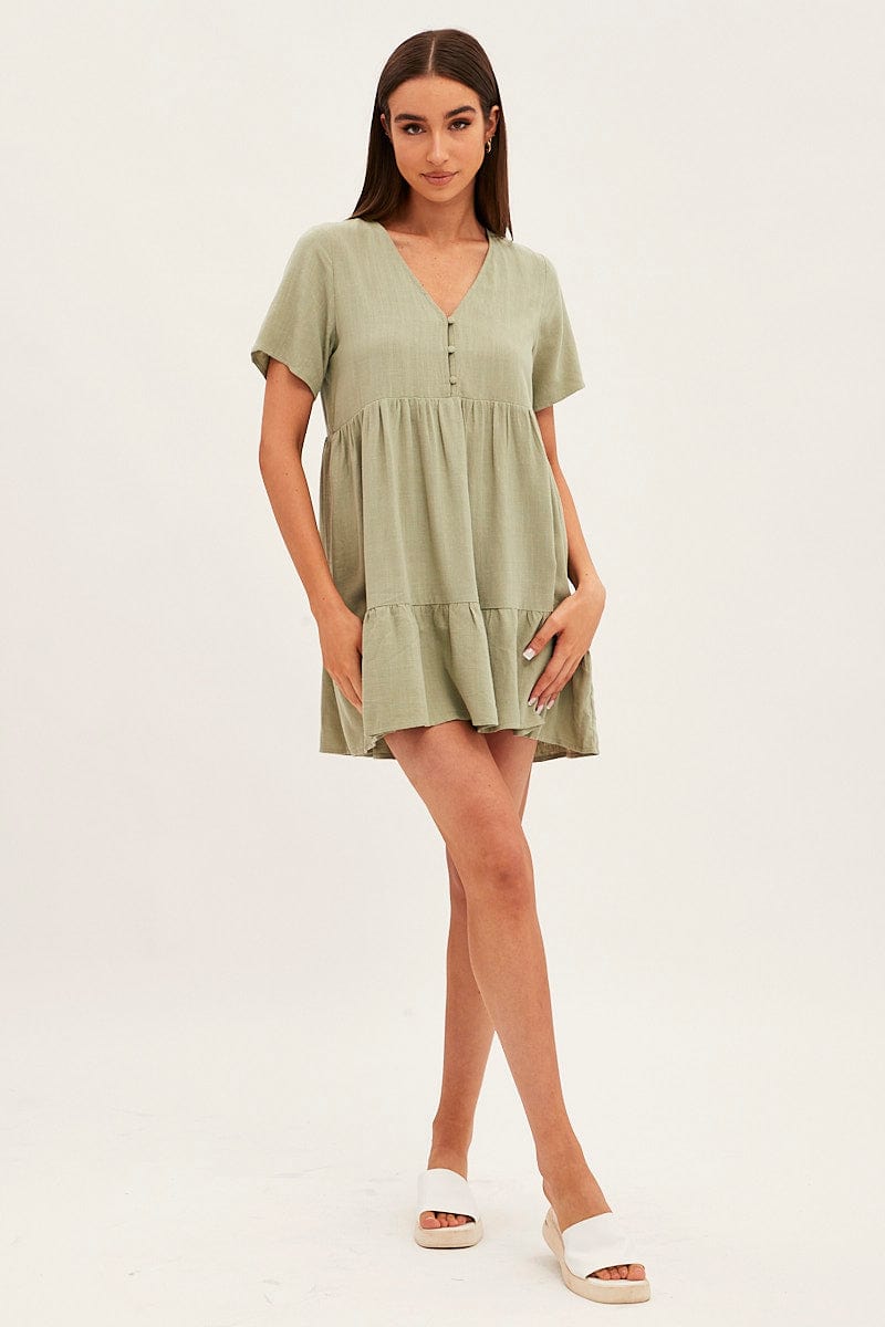 Green Smock Dress Short Sleeve V Neck Linen Blend for Ally Fashion