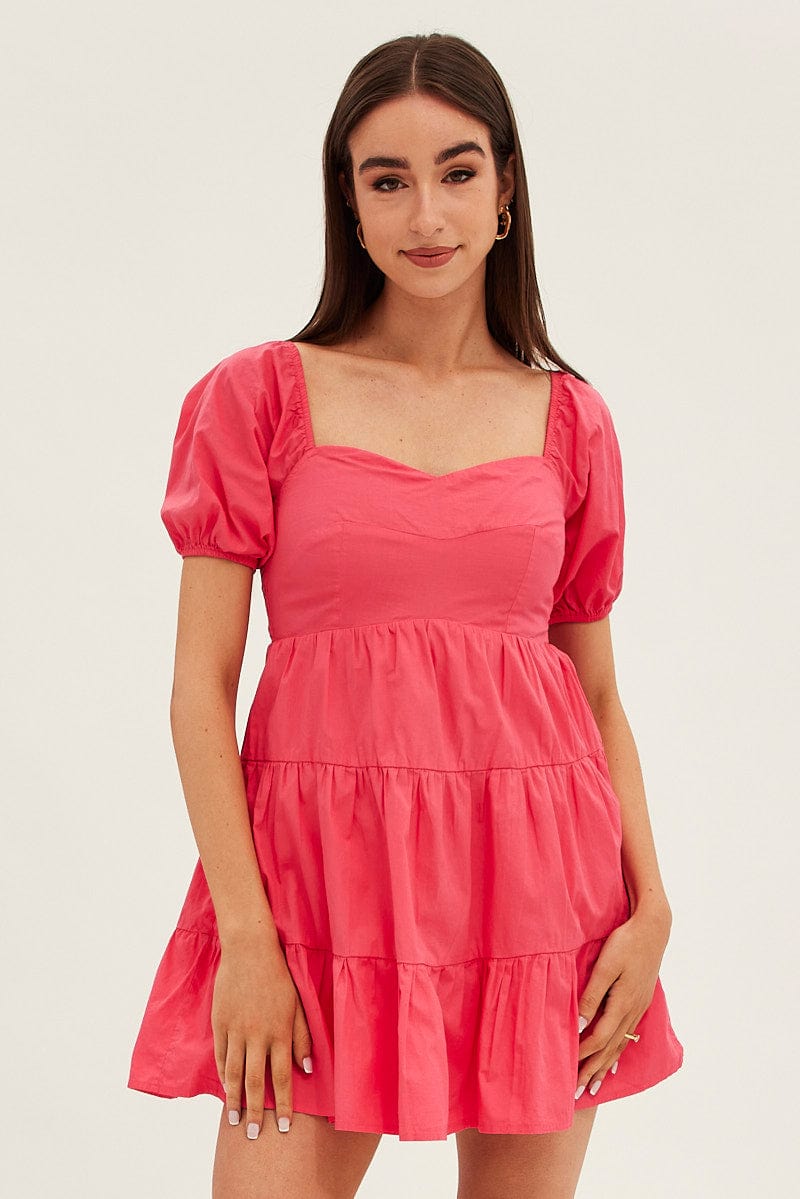 Pink Fit And Flare Dress Mini Sweetheart Poplin for Ally Fashion