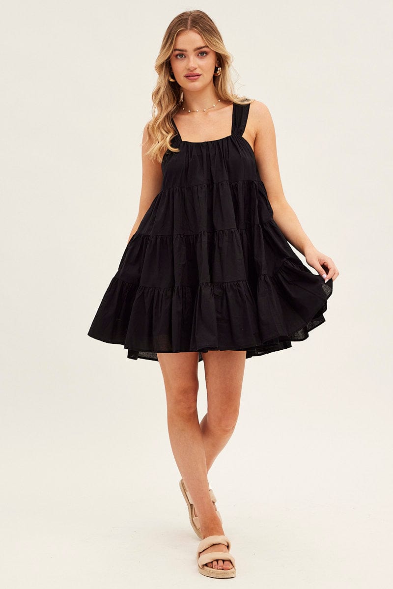 Black Mini Dress Round Neck Tiered Smock | Ally Fashion Black Mini Dress Round Neck Tiered Smock | Ally Fashion