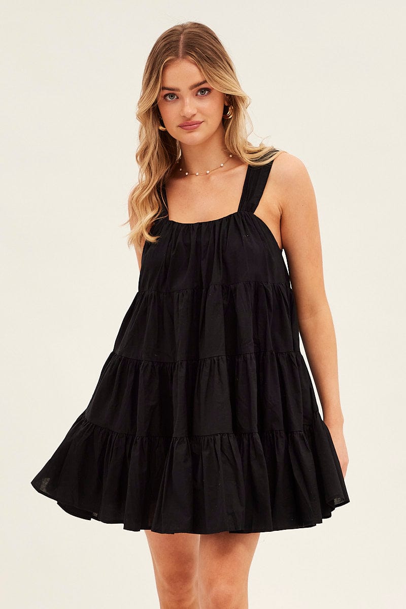 Black Mini Dress Round Neck Tiered Smock for Ally Fashion