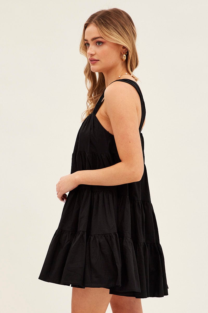 Black Mini Dress Round Neck Tiered Smock for Ally Fashion