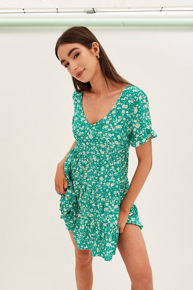 Floral Print Sun Dress Mini Short Sleeve V Neck for Ally Fashion