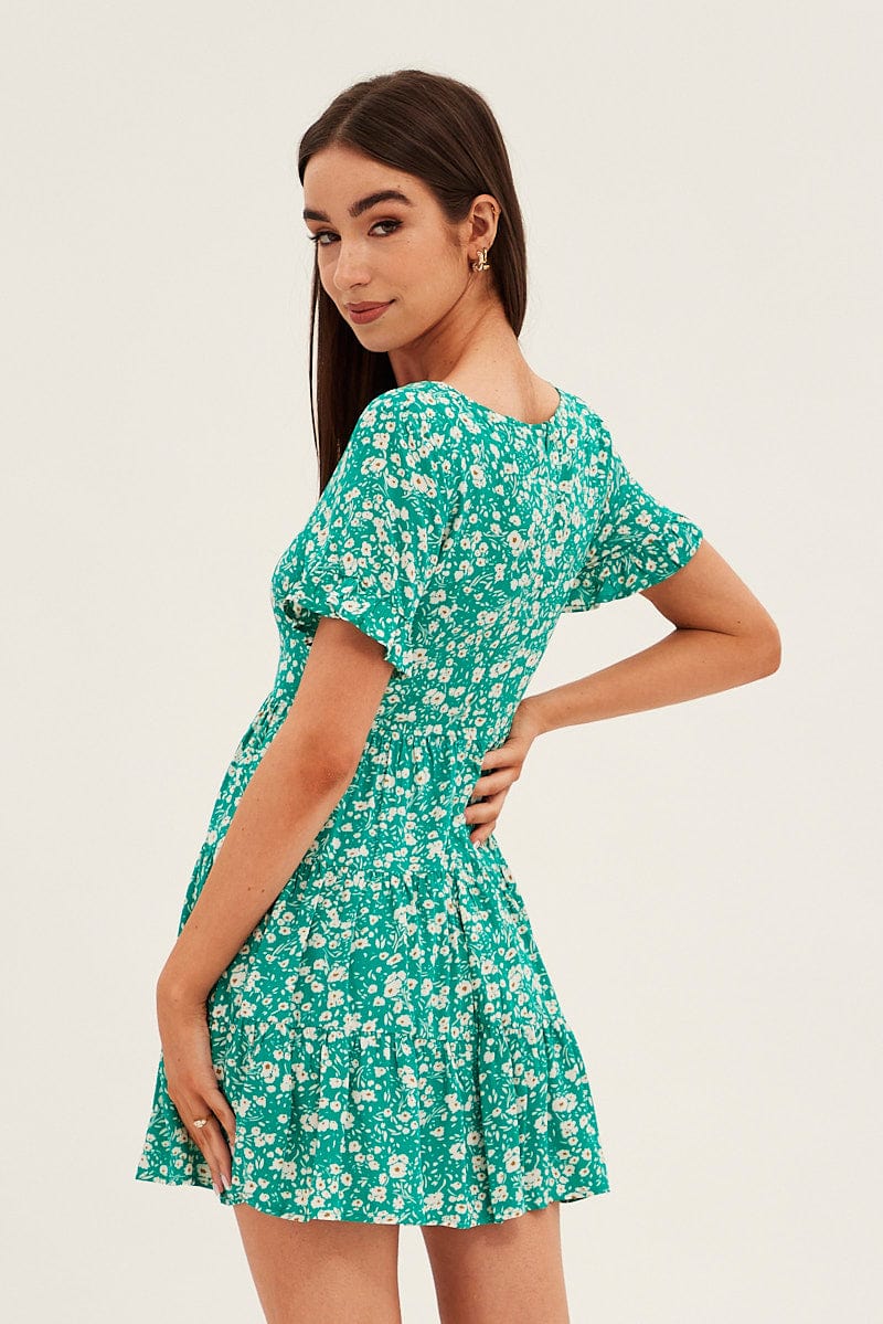 Floral Print Sun Dress Mini Short Sleeve V Neck for Ally Fashion