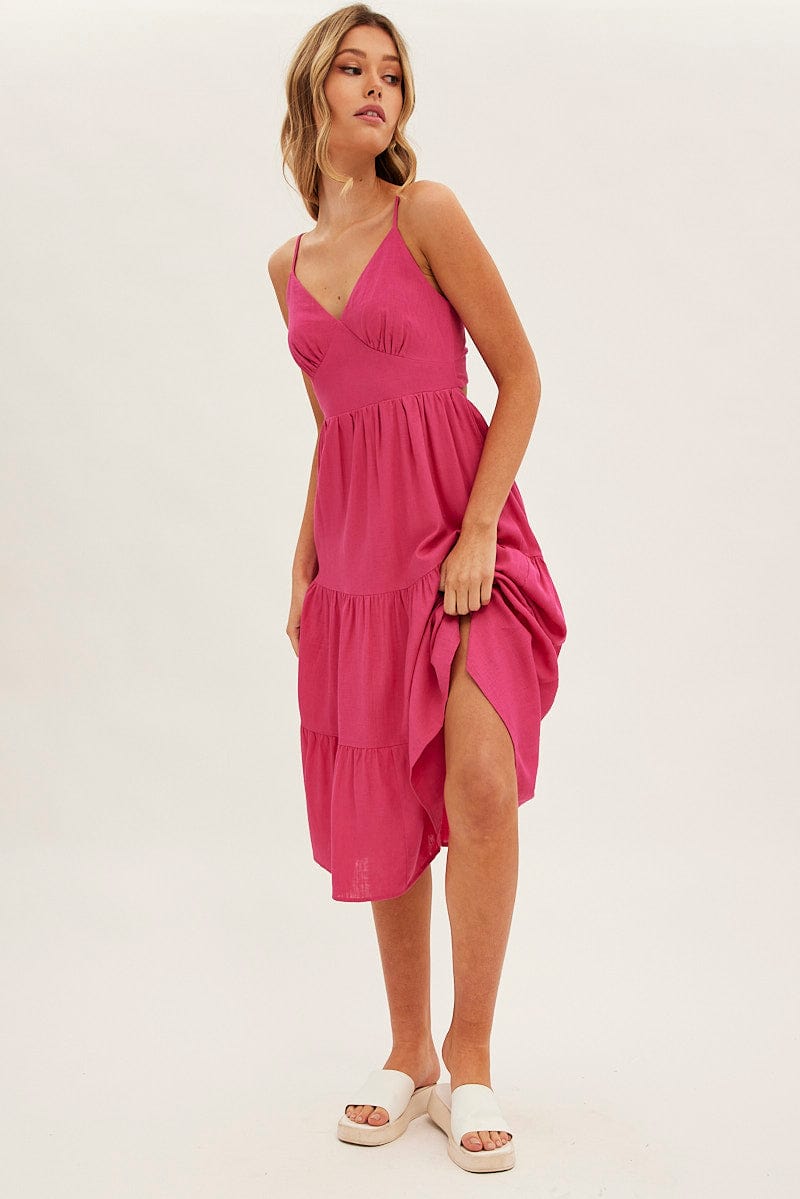 Pink Midi Dress Sleeveless V Neck Tiered Linen Blend for Ally Fashion