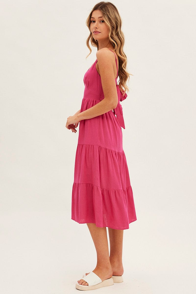 Pink Midi Dress Sleeveless V Neck Tiered Linen Blend for Ally Fashion