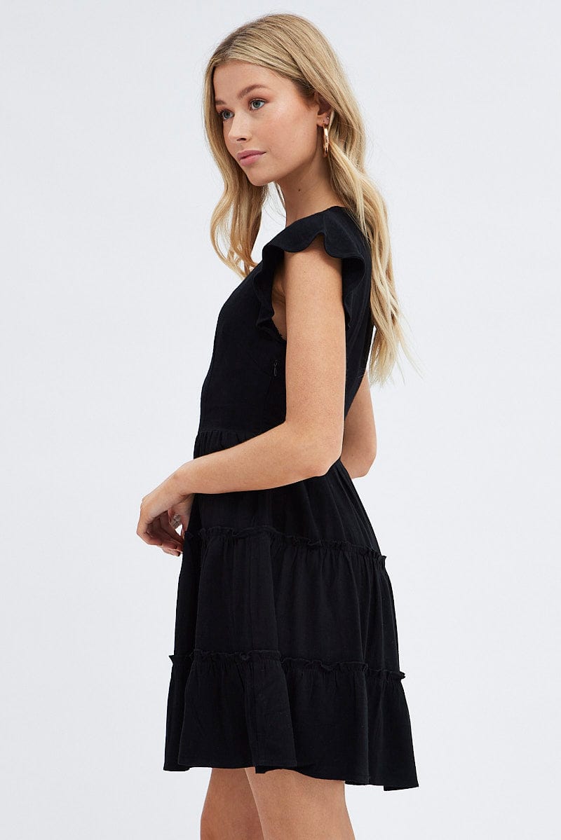 Black Fit and Flare Dress Short Sleeve V-Neck for Ally Fashion