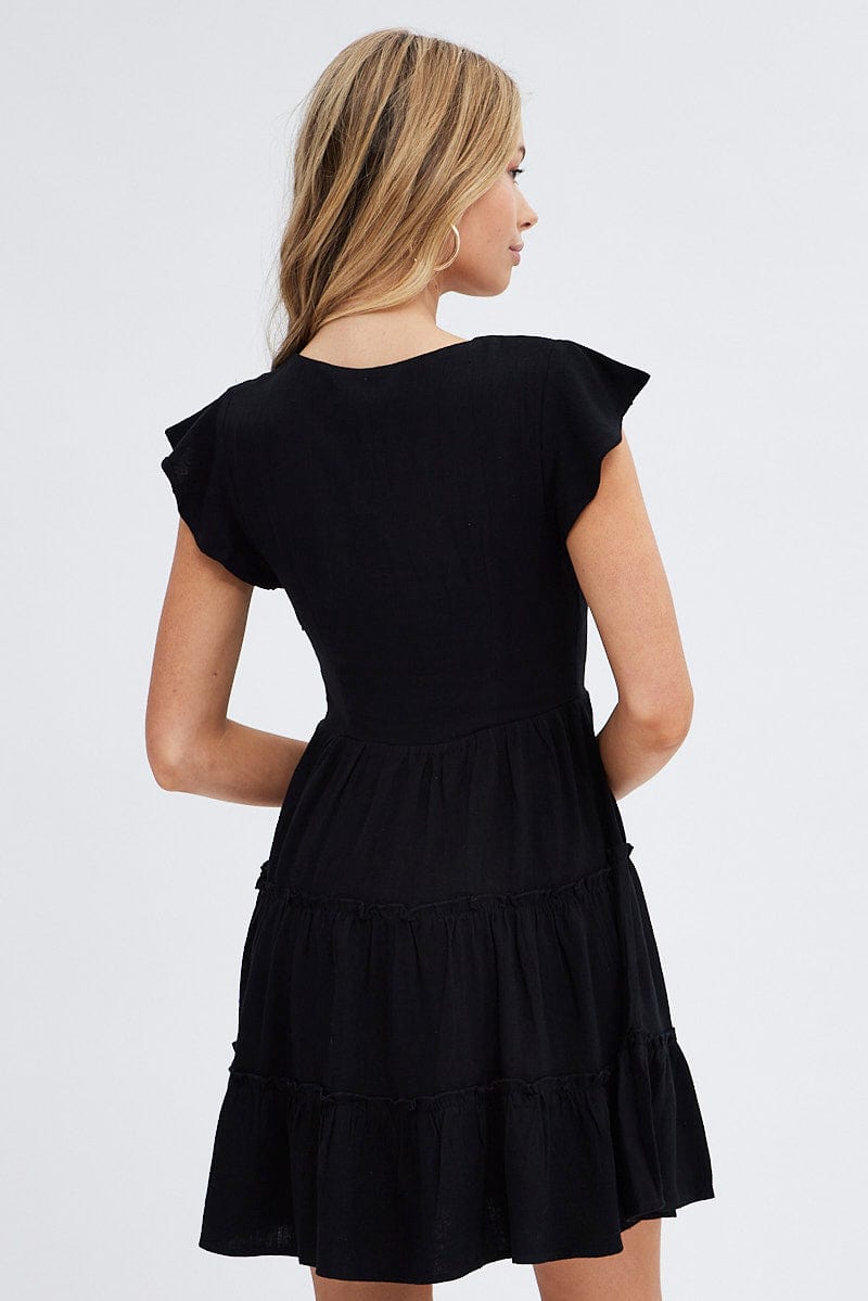 Black Fit and Flare Dress Short Sleeve V-Neck for Ally Fashion