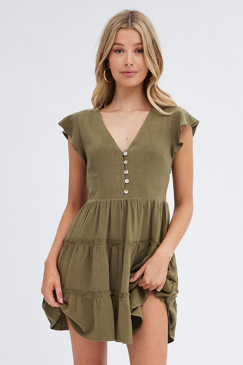 Green Fit and Flare Dress Short Sleeve V-Neck for Ally Fashion