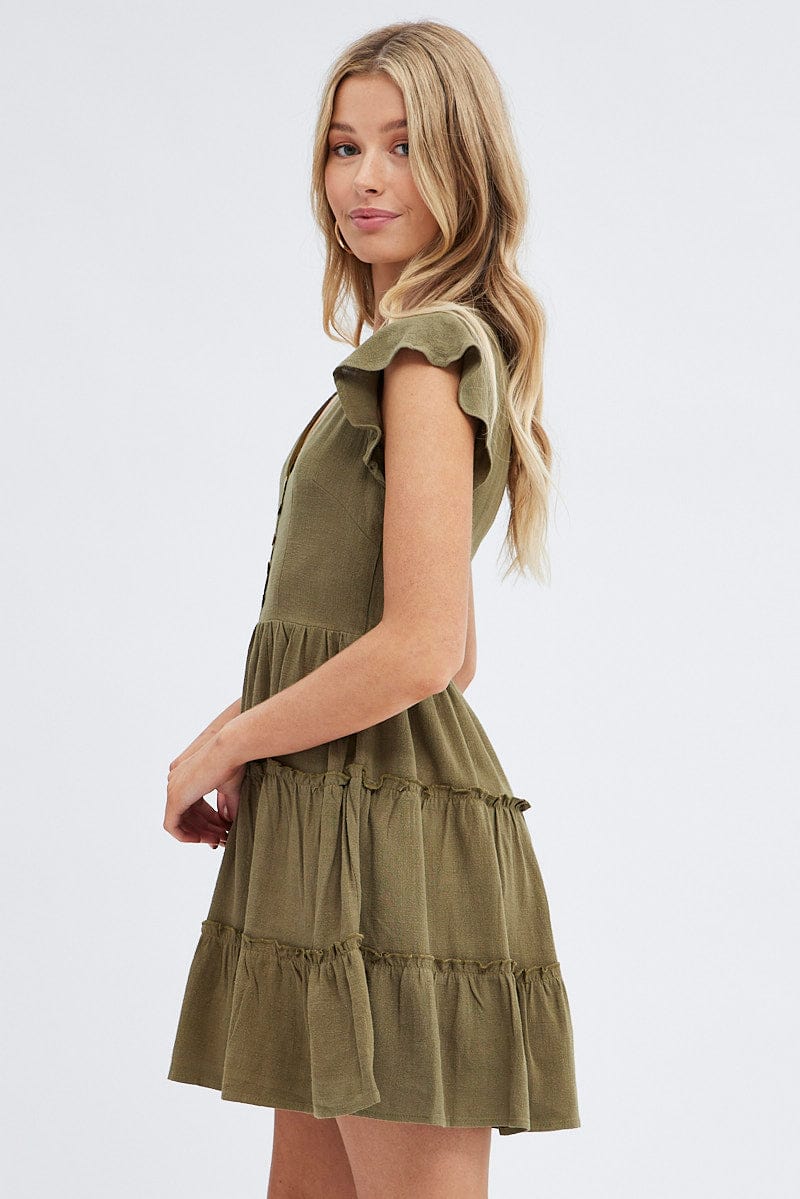 Green Fit and Flare Dress Short Sleeve V-Neck for Ally Fashion