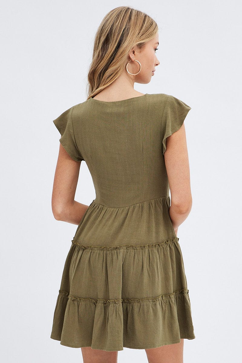 Green Fit and Flare Dress Short Sleeve V-Neck for Ally Fashion