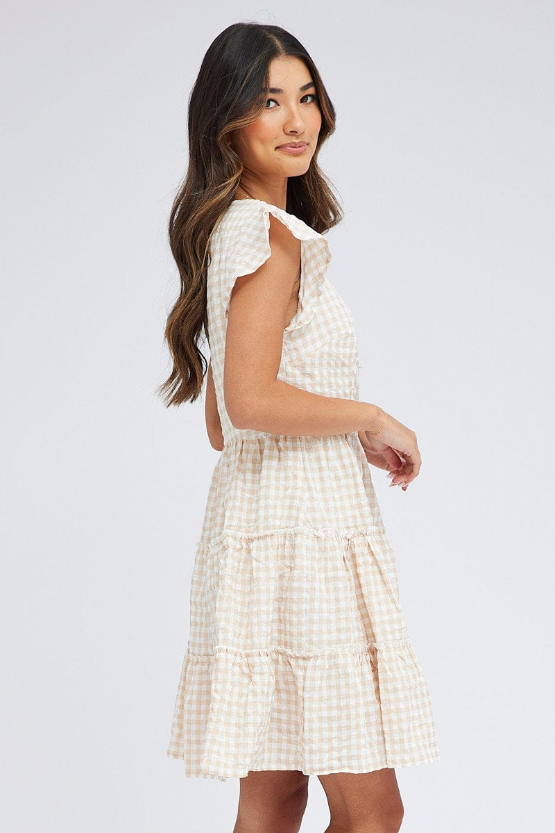 Beige Check Fit and Flare Dress Short Sleeve Tiered for Ally Fashion