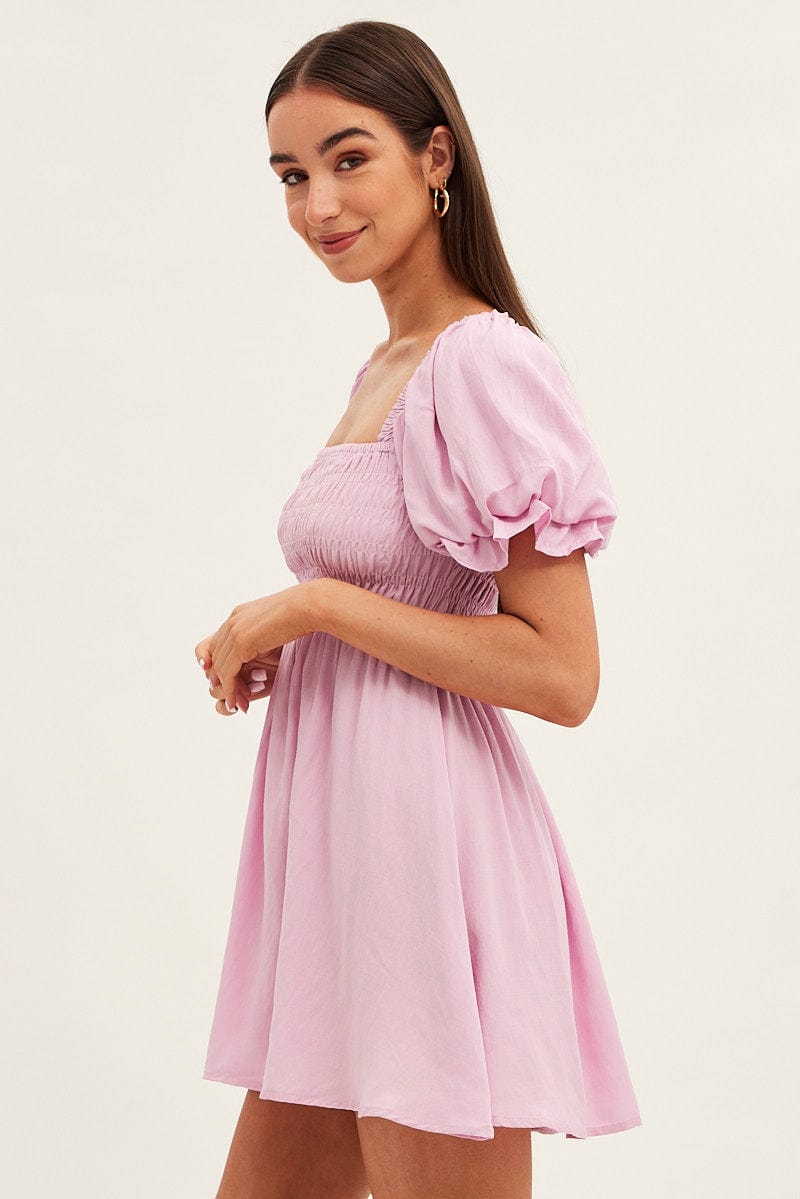 Pink Skater Dress Square Neck Short Sleeve for Ally Fashion