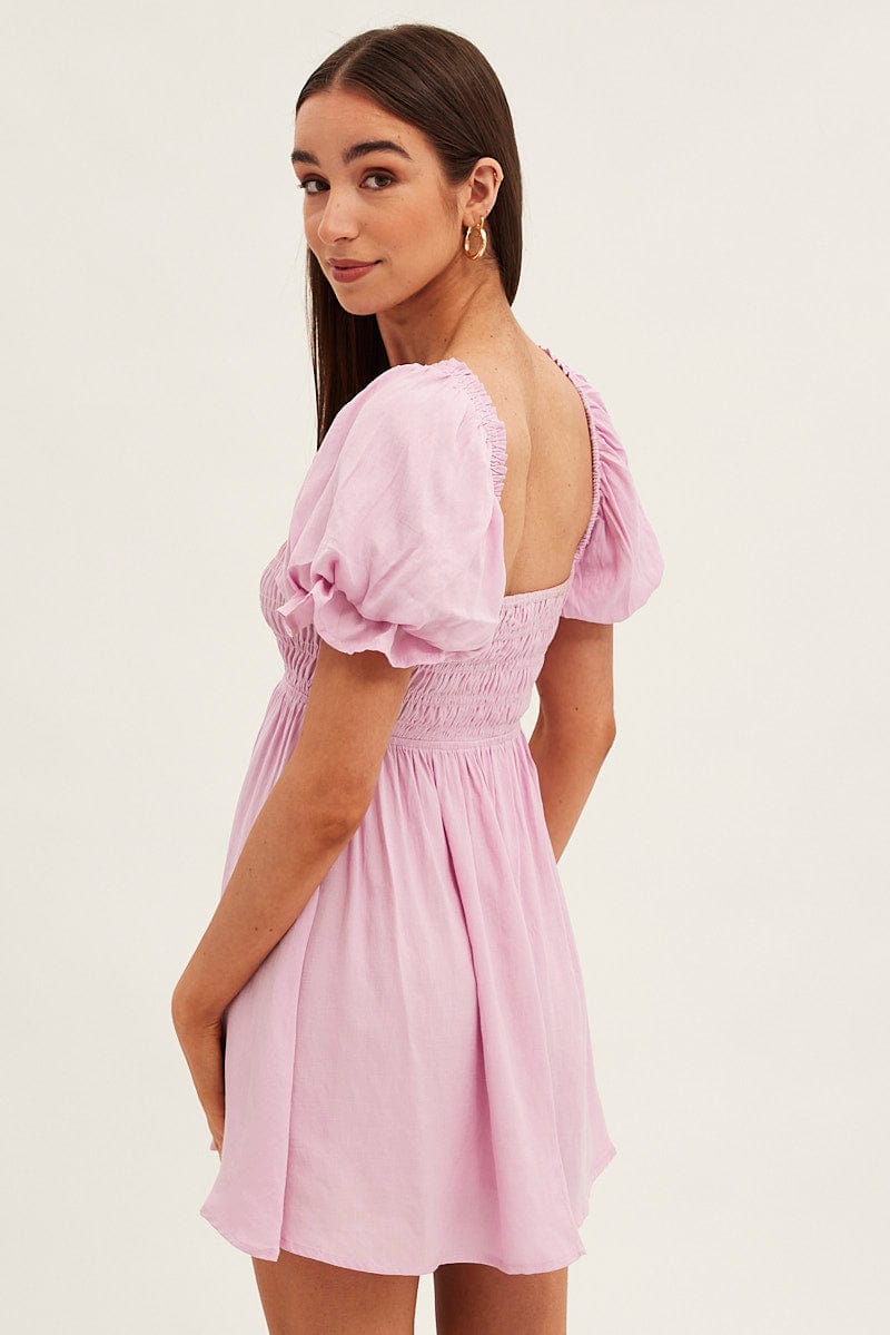 Pink Skater Dress Square Neck Short Sleeve for Ally Fashion