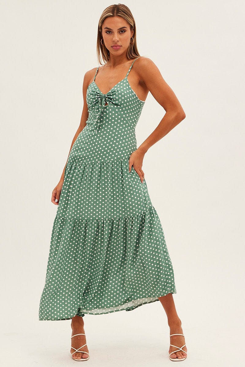 Print Polka Dot Maxi Dress Sleeveless Tie Front Tiered Polka Dot