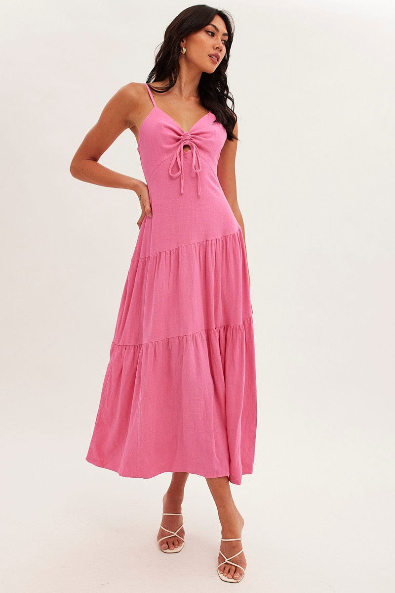 Pink Maxi Dress Sleeveless Tiered Linen Blend for Ally Fashion