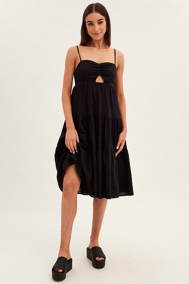 Black Midi Dress Sleeveless Ruched Tiered for Ally Fashion