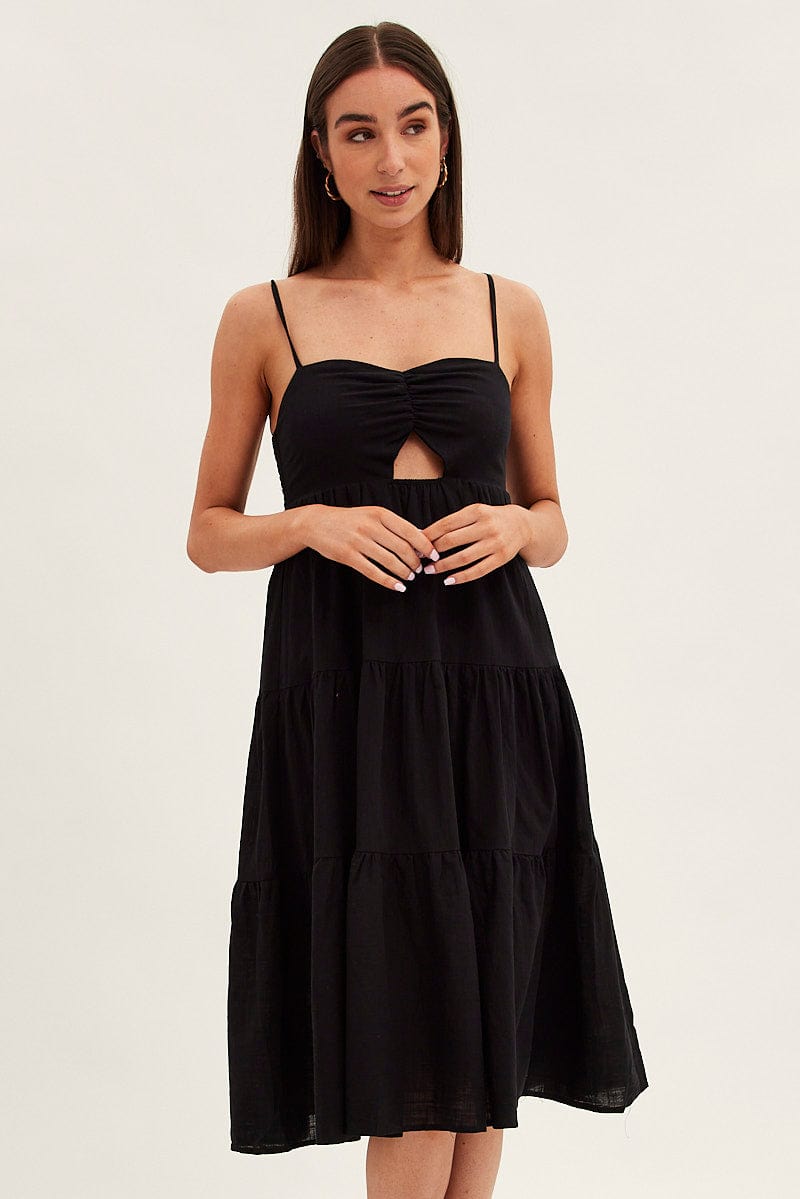 Black Midi Dress Sleeveless Ruched Tiered | Ally Fashion