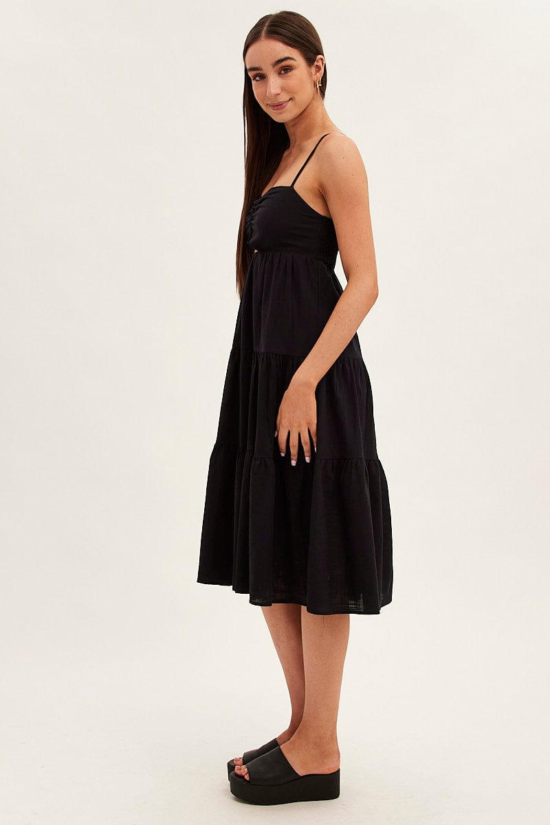 Black Midi Dress Sleeveless Ruched Tiered for Ally Fashion
