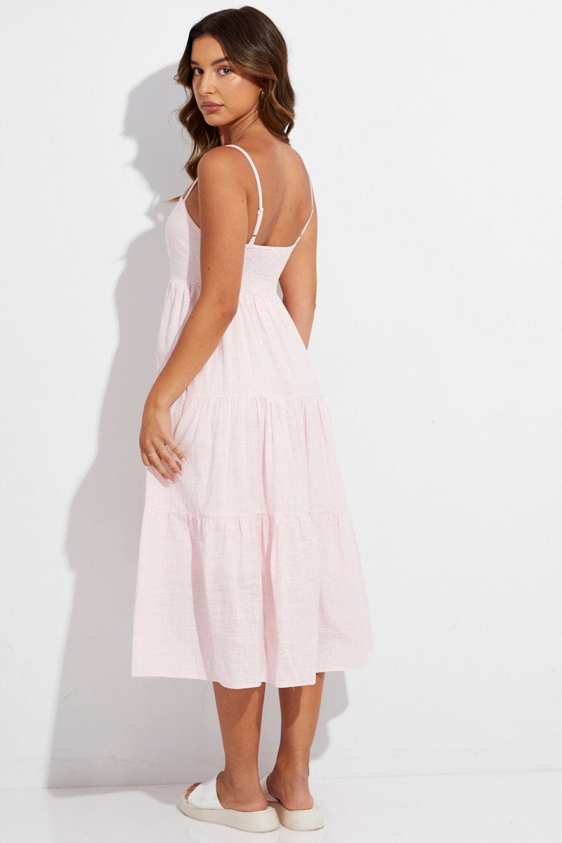 Pink Midi Dress Sleeveless Ruched Tiered for Ally Fashion