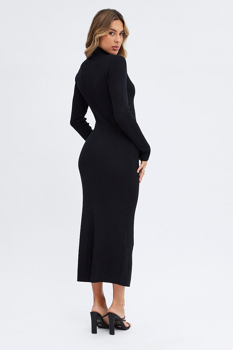 Black Knit Dress Long Sleeve High Neck Cut Out for Ally Fashion