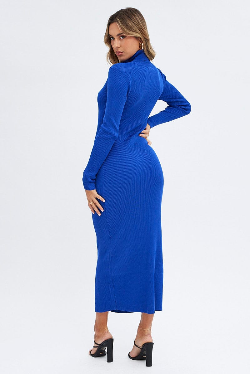 Blue Knit Dress Long Sleeve High Neck Cut Out for Ally Fashion