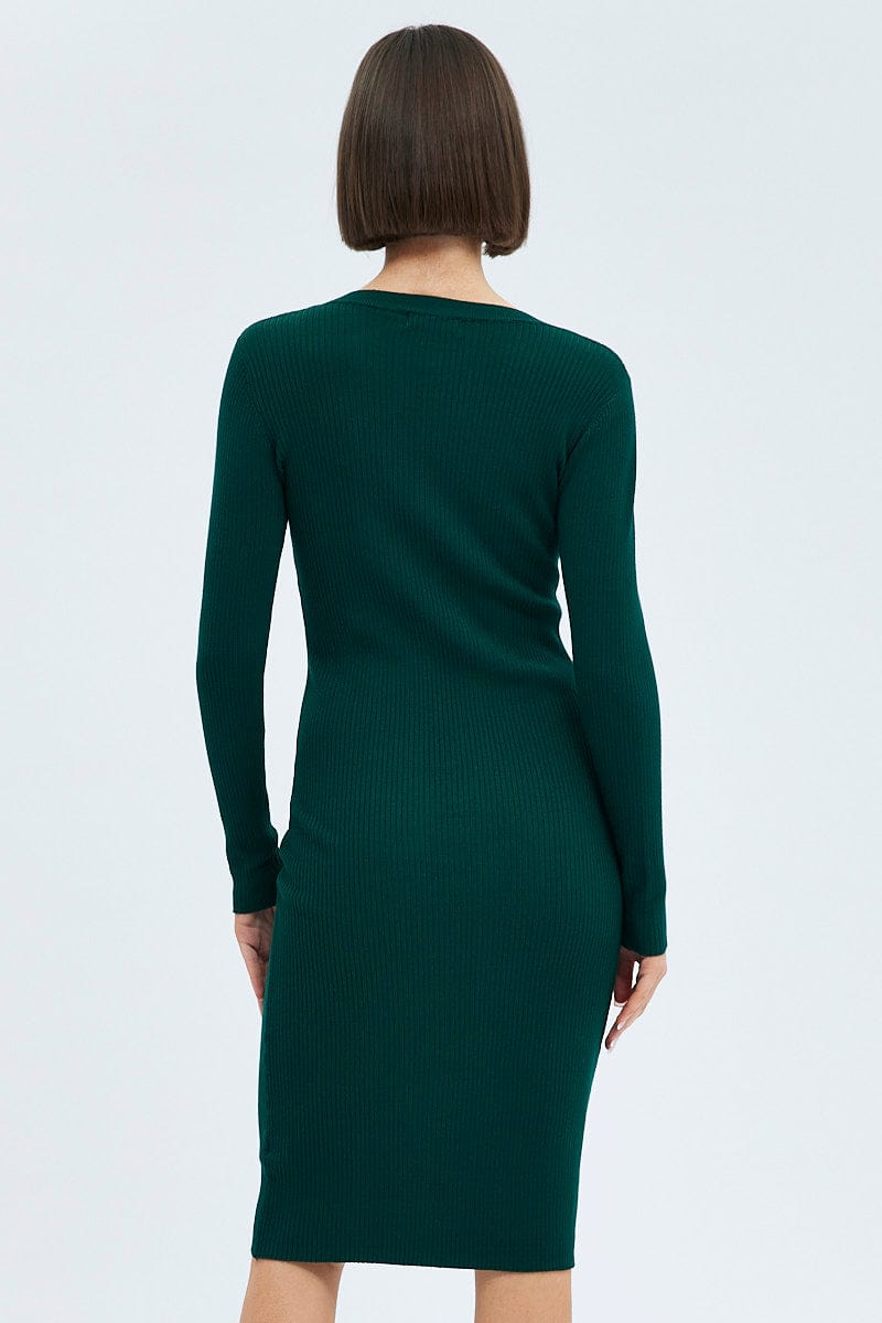 Green Knit Dress Long Sleeve Midi | Ally Fashion
