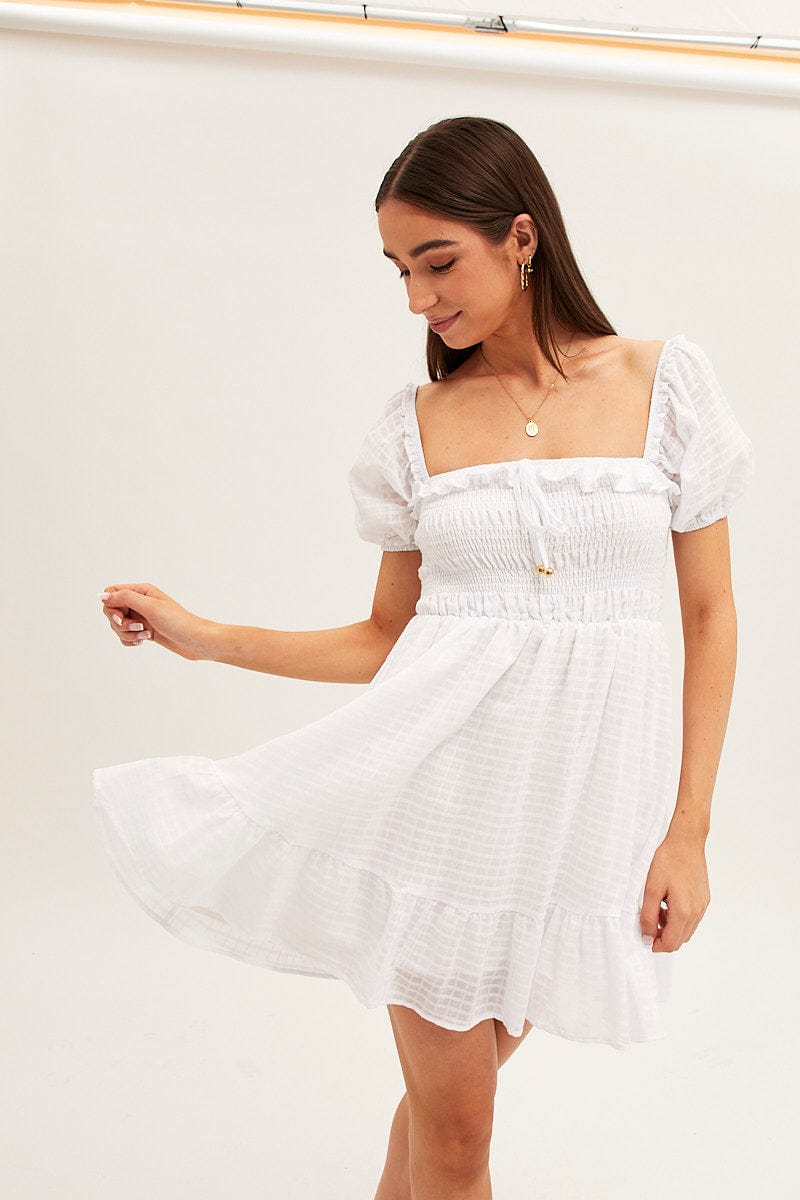 White Fit And Flare Dress Short Sleeve Shirred Mini for Ally Fashion