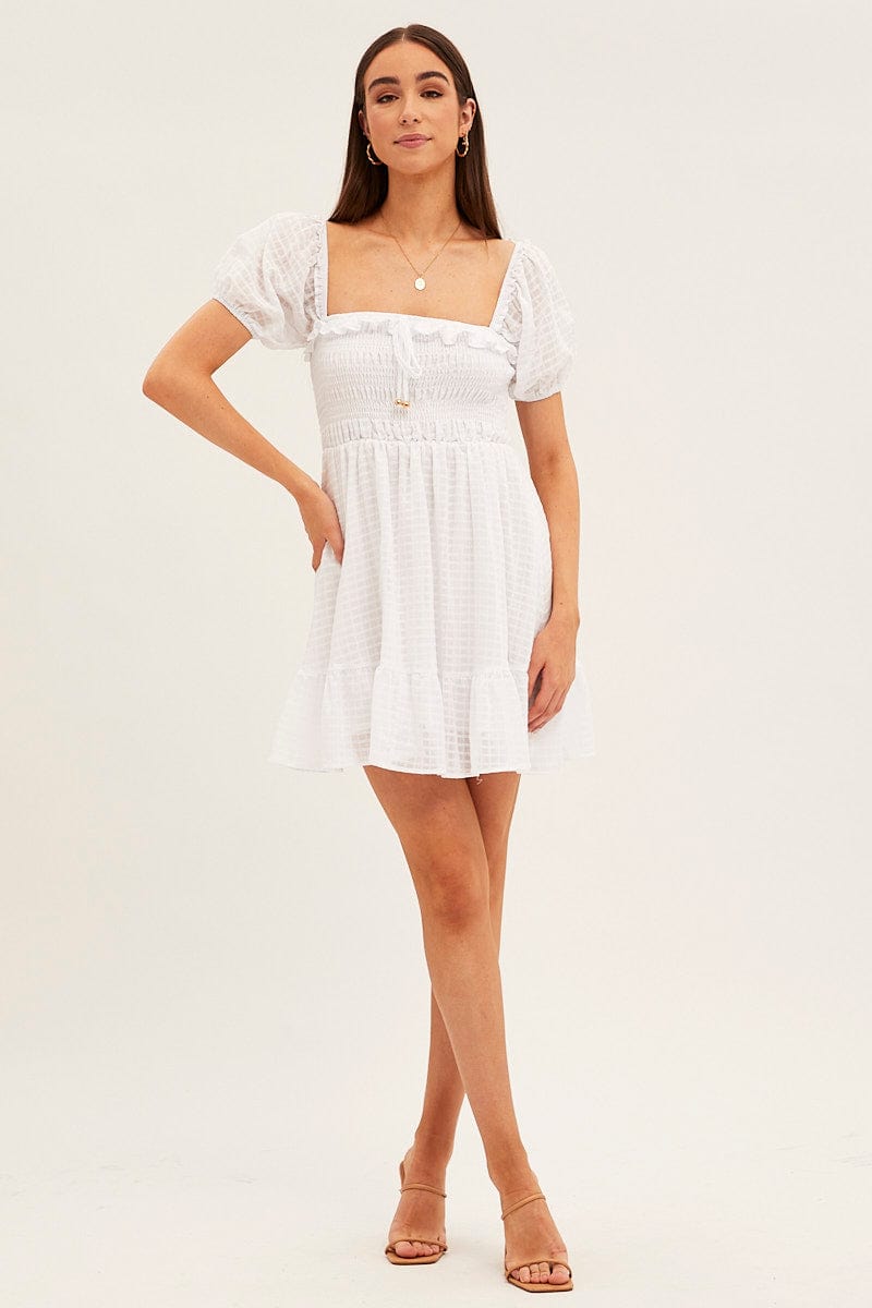 White Fit And Flare Dress Short Sleeve Shirred Mini for Ally Fashion