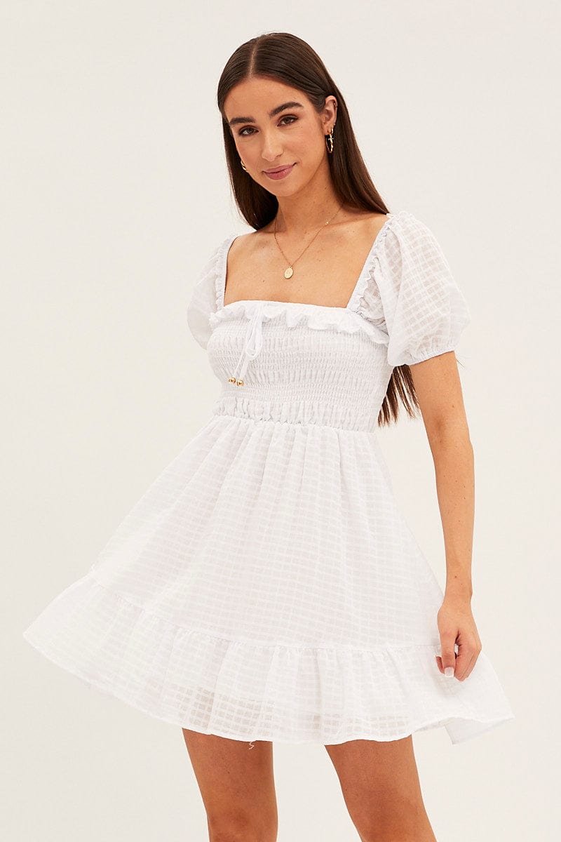 White Fit And Flare Dress Short Sleeve Shirred Mini for Ally Fashion