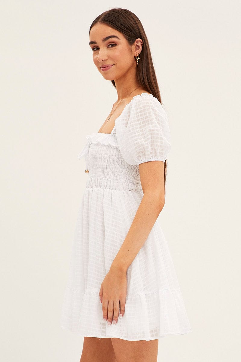 White Fit And Flare Dress Short Sleeve Shirred Mini for Ally Fashion