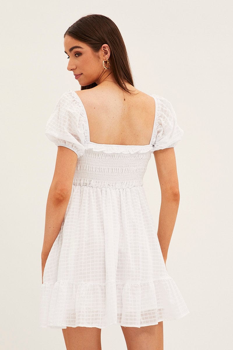 White Fit And Flare Dress Short Sleeve Shirred Mini for Ally Fashion