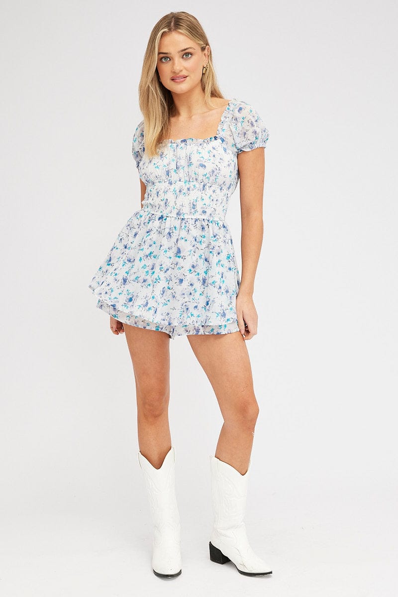 White Ditsy Playsuit Short Sleeve Shirred Waist for Ally Fashion