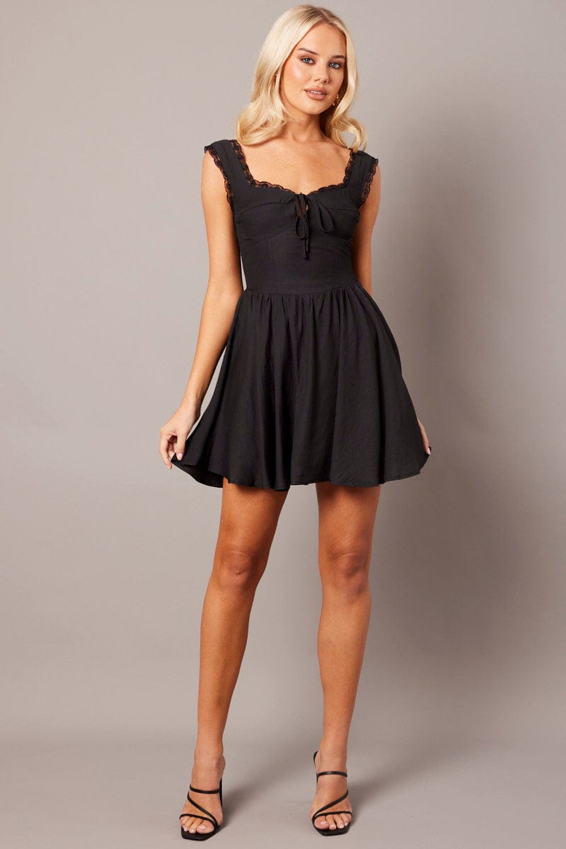 Black Fit and Flare Dress Sleeveless Lace Trim for Ally Fashion