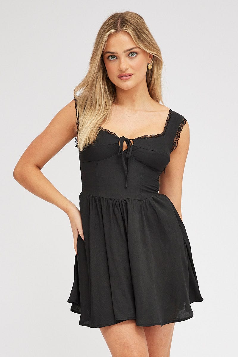 Black Fit and Flare Dress Sleeveless Lace Trim for Ally Fashion