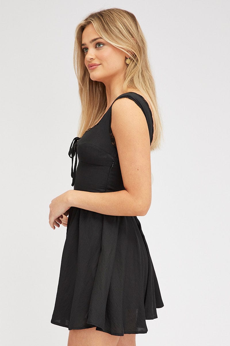 Black Fit and Flare Dress Sleeveless Lace Trim for Ally Fashion