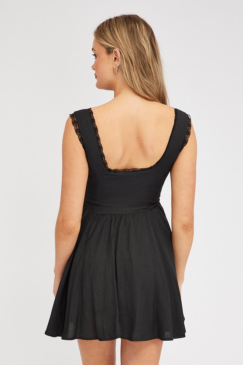 Black Fit and Flare Dress Sleeveless Lace Trim for Ally Fashion