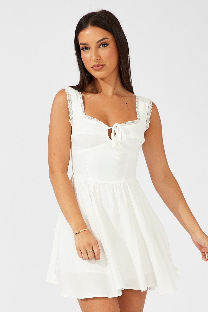 White Fit and Flare Dress Sleeveless Lace Trim for Ally Fashion