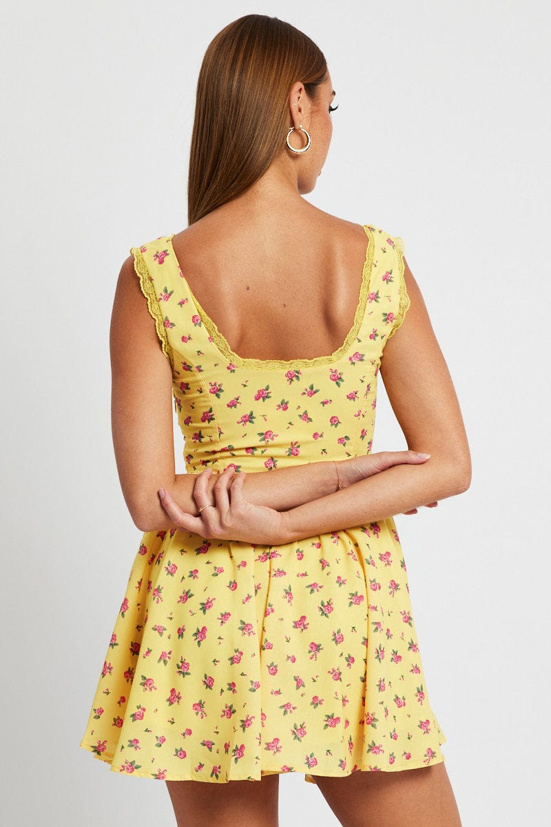 Yellow Floral Fit and Flare Dress Sleeveless Lace Trim for Ally Fashion