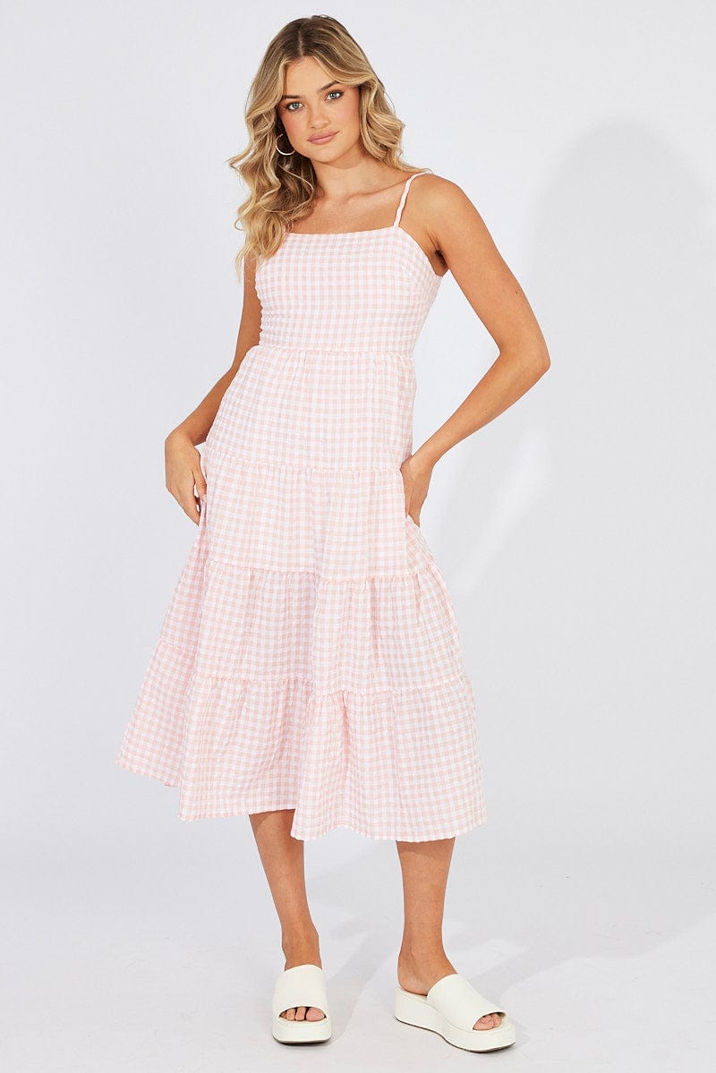 Pink Check Midi Dress Sleeveless Tie Back for Ally Fashion