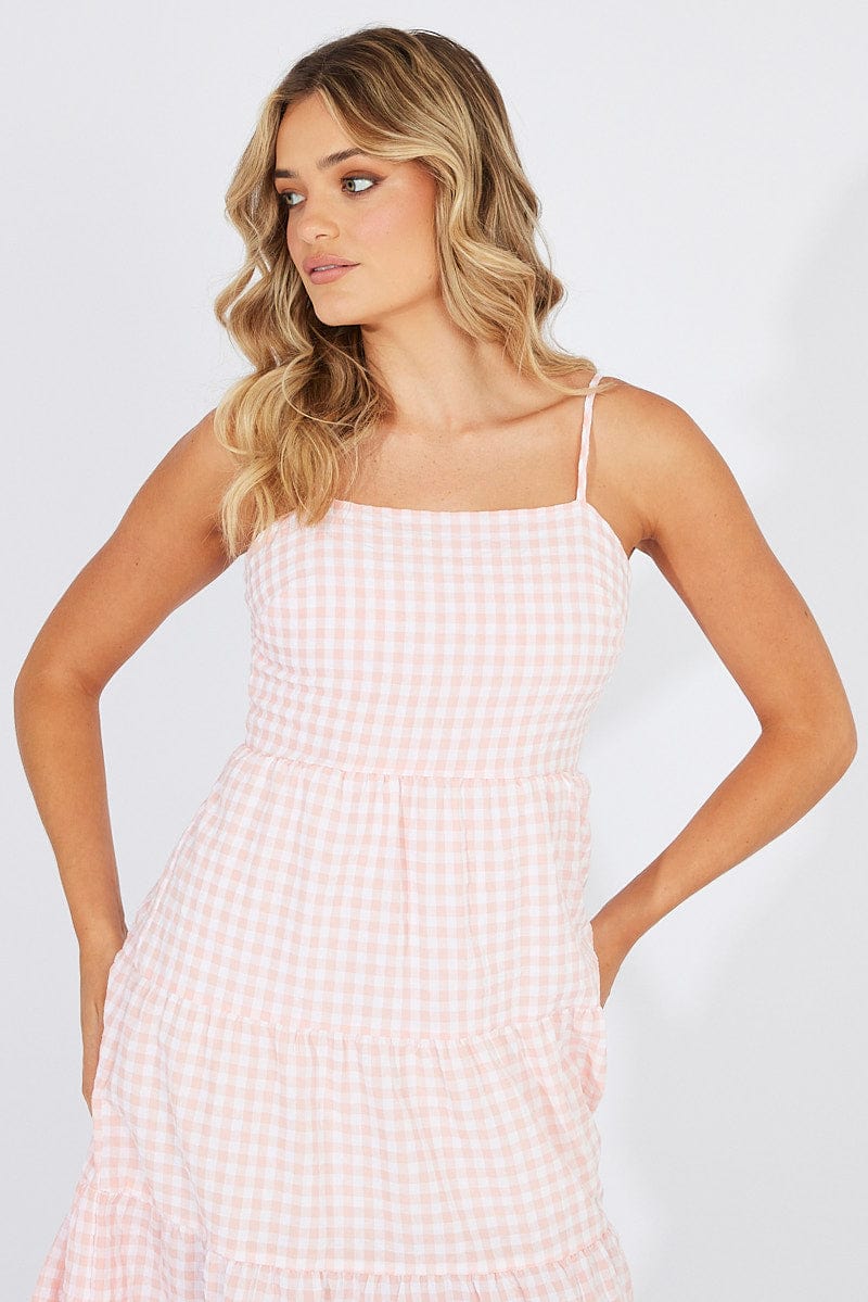 Pink Check Midi Dress Sleeveless Tie Back for Ally Fashion