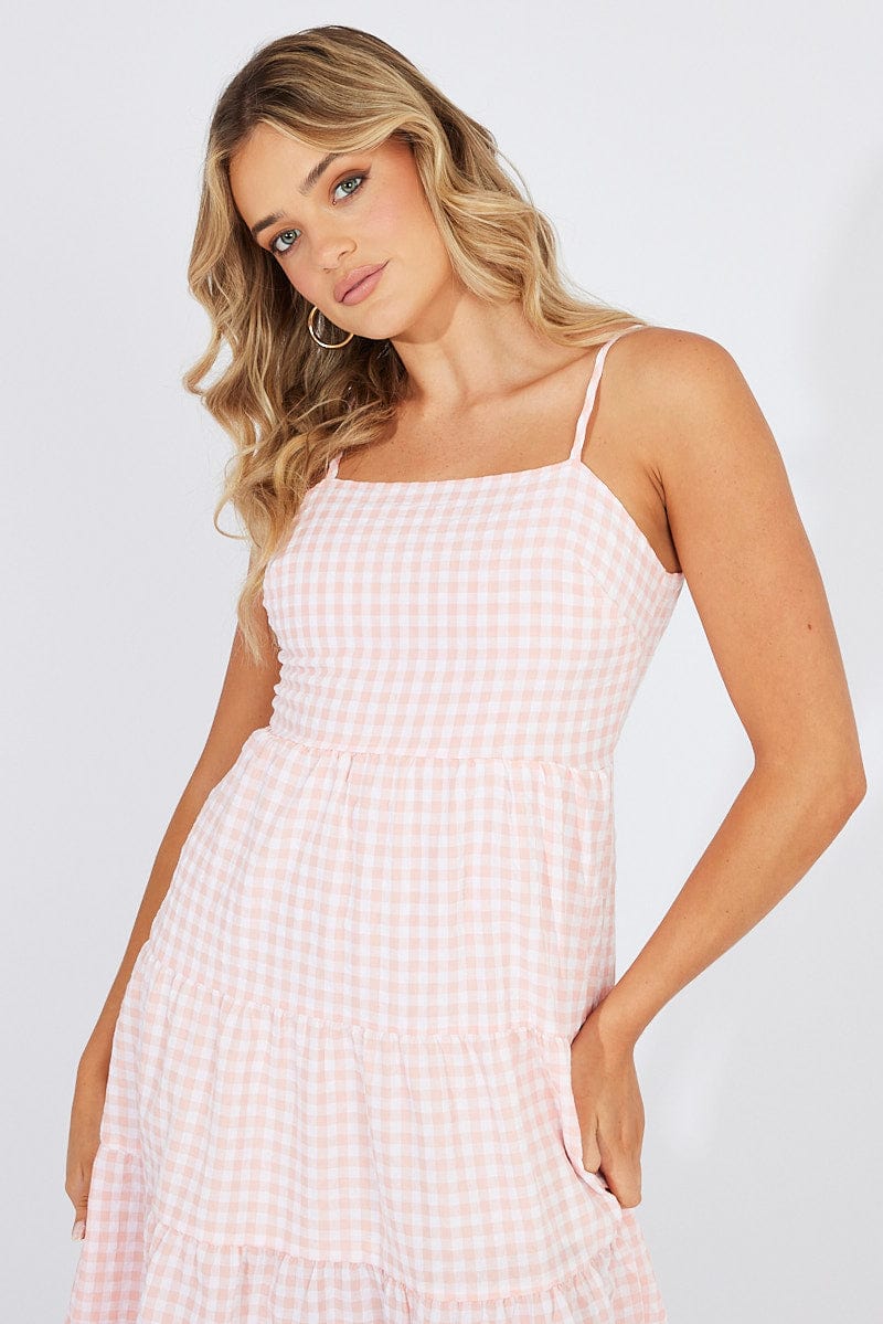 Pink Check Midi Dress Sleeveless Tie Back for Ally Fashion