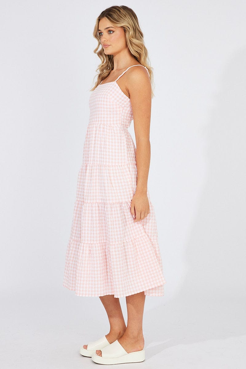 Pink Check Midi Dress Sleeveless Tie Back for Ally Fashion